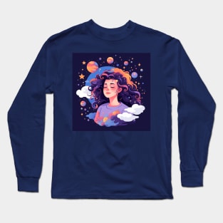 Woman with sweet dreams concept Young girl with galaxy and universe at hairs Long Sleeve T-Shirt